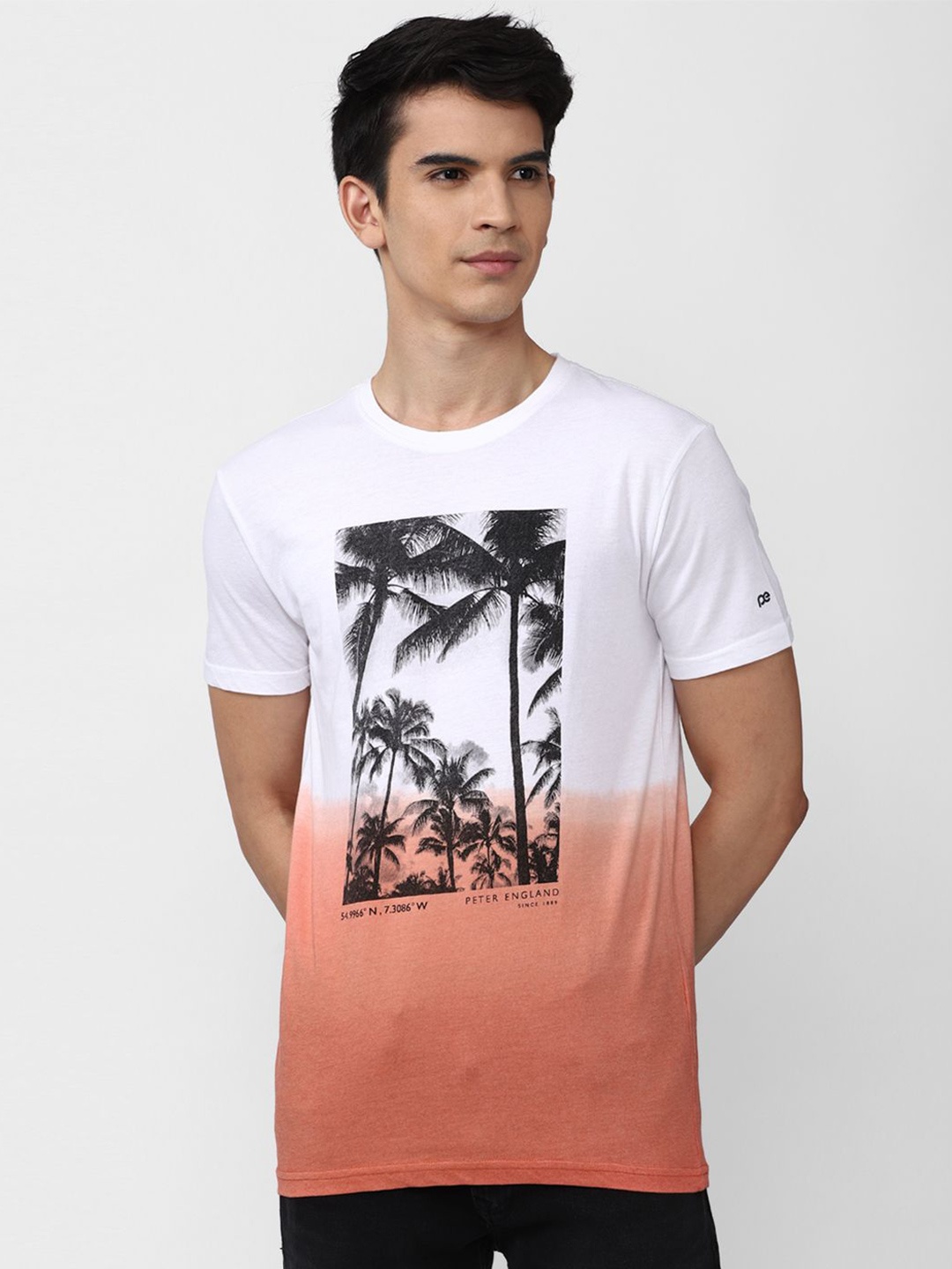

Peter England Casuals Men Tie and Dye Tropical Printed T-shirt, White