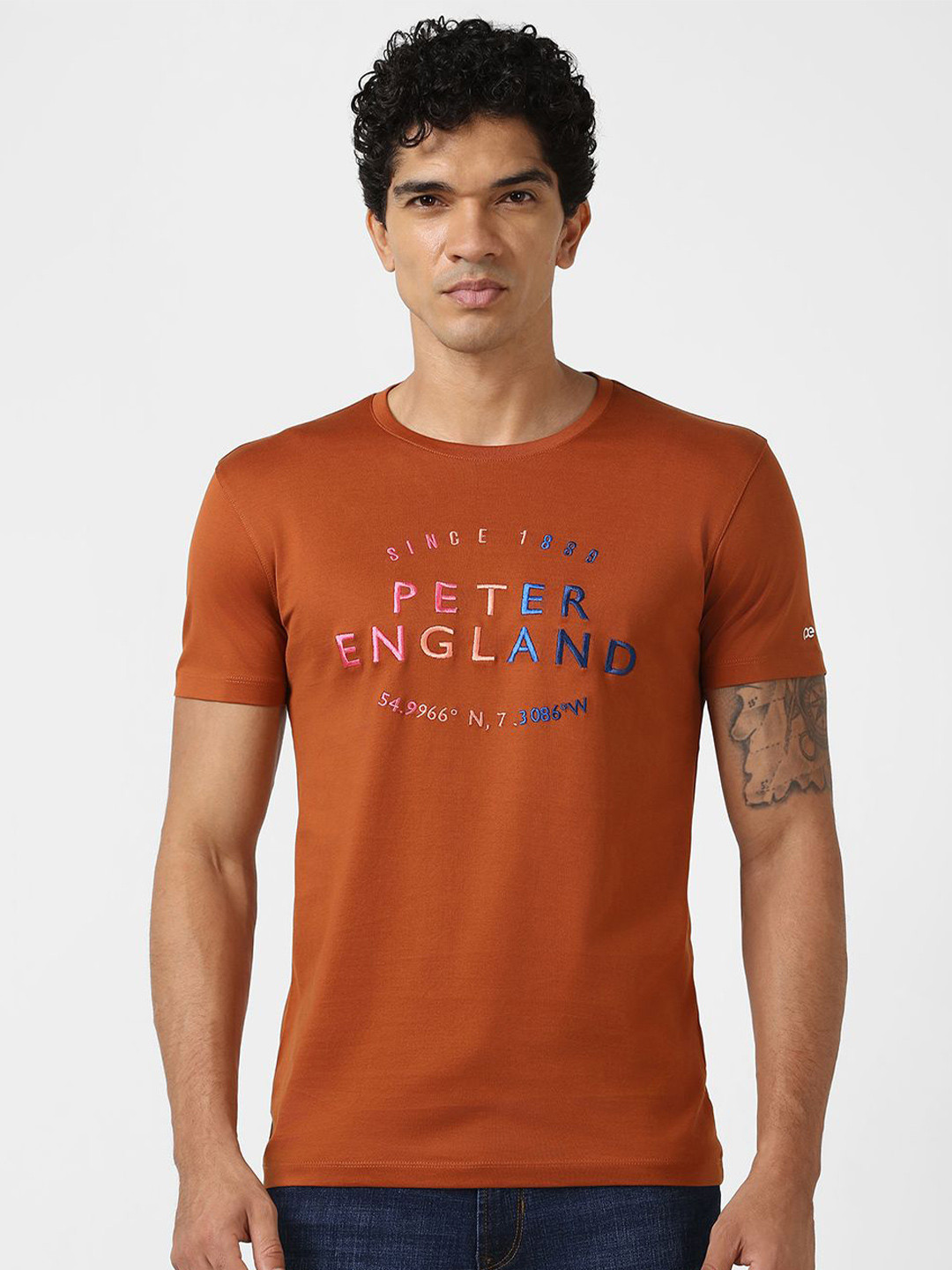 

Peter England Casuals Typography Printed Round Neck Pure cotton Slim Fit T-shirt, Orange