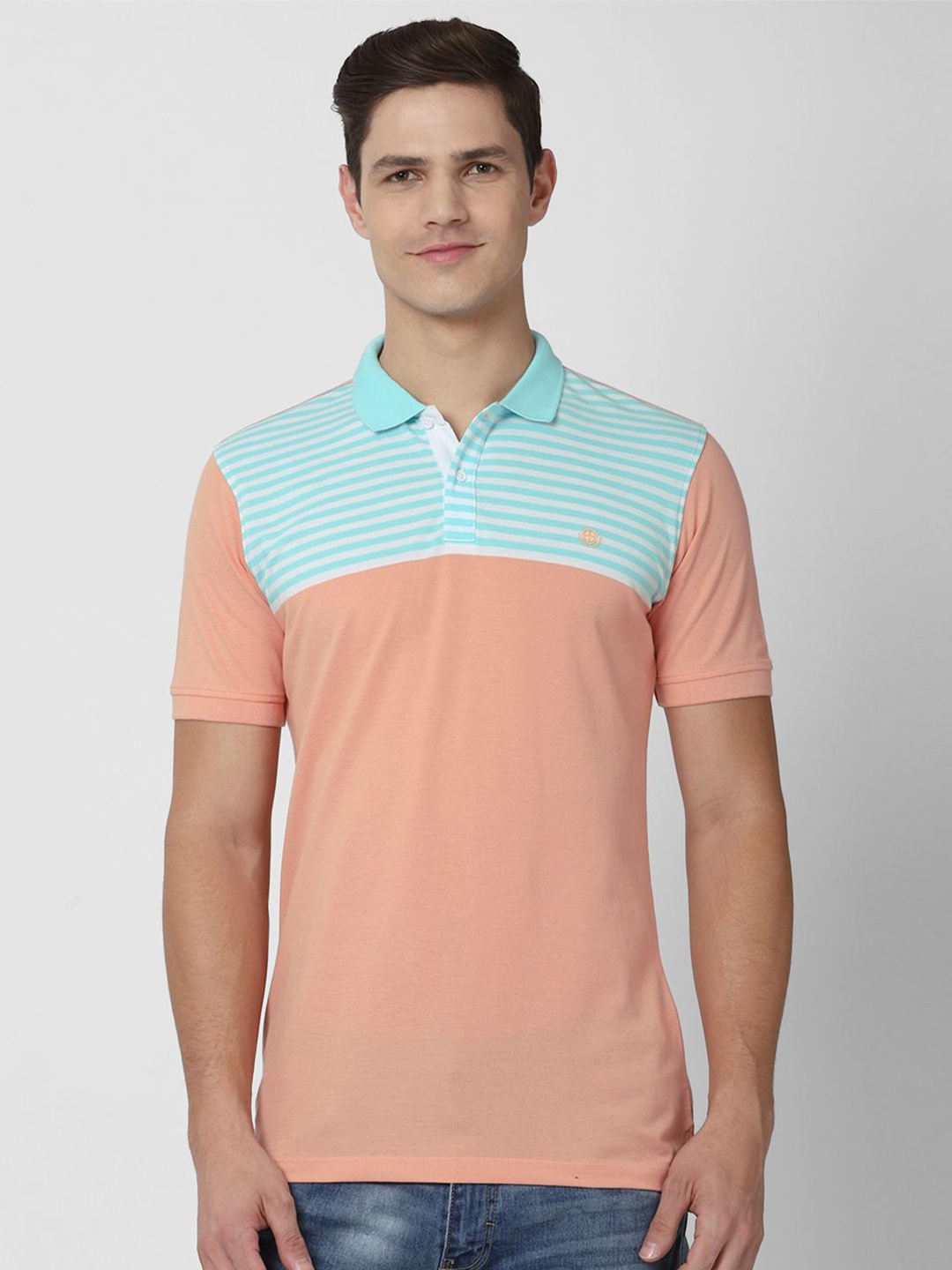 

PETER ENGLAND UNIVERSITY Men Striped Polo Collar T-shirt, Peach