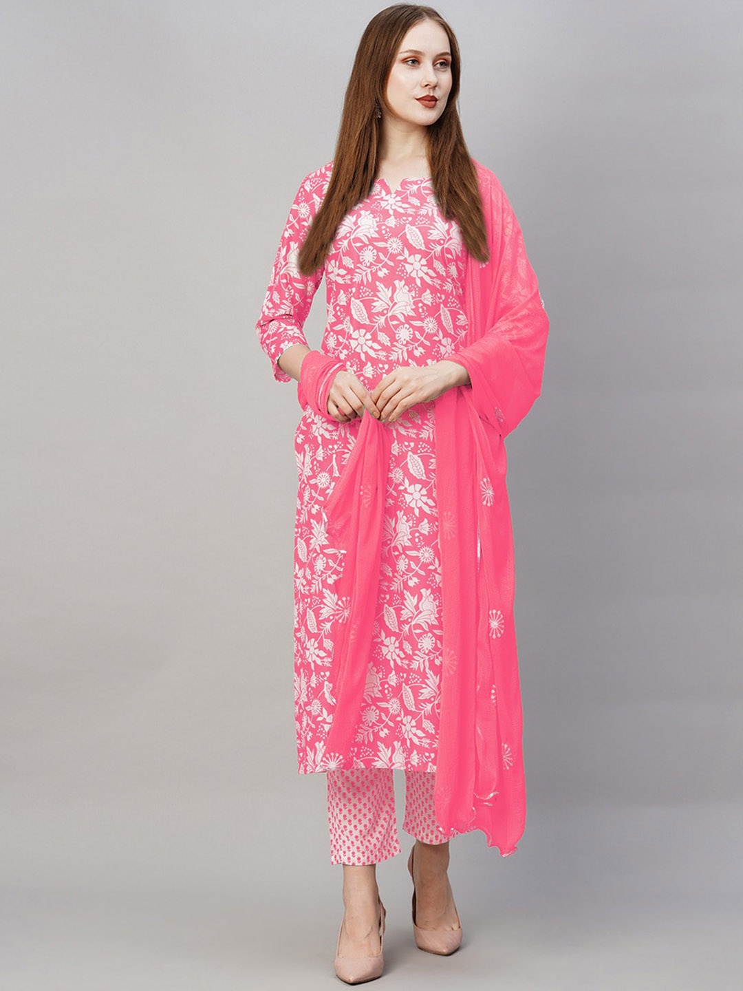 

KALINI Floral Printed Regular Straight Kurta With Trousers & Dupatta, Pink