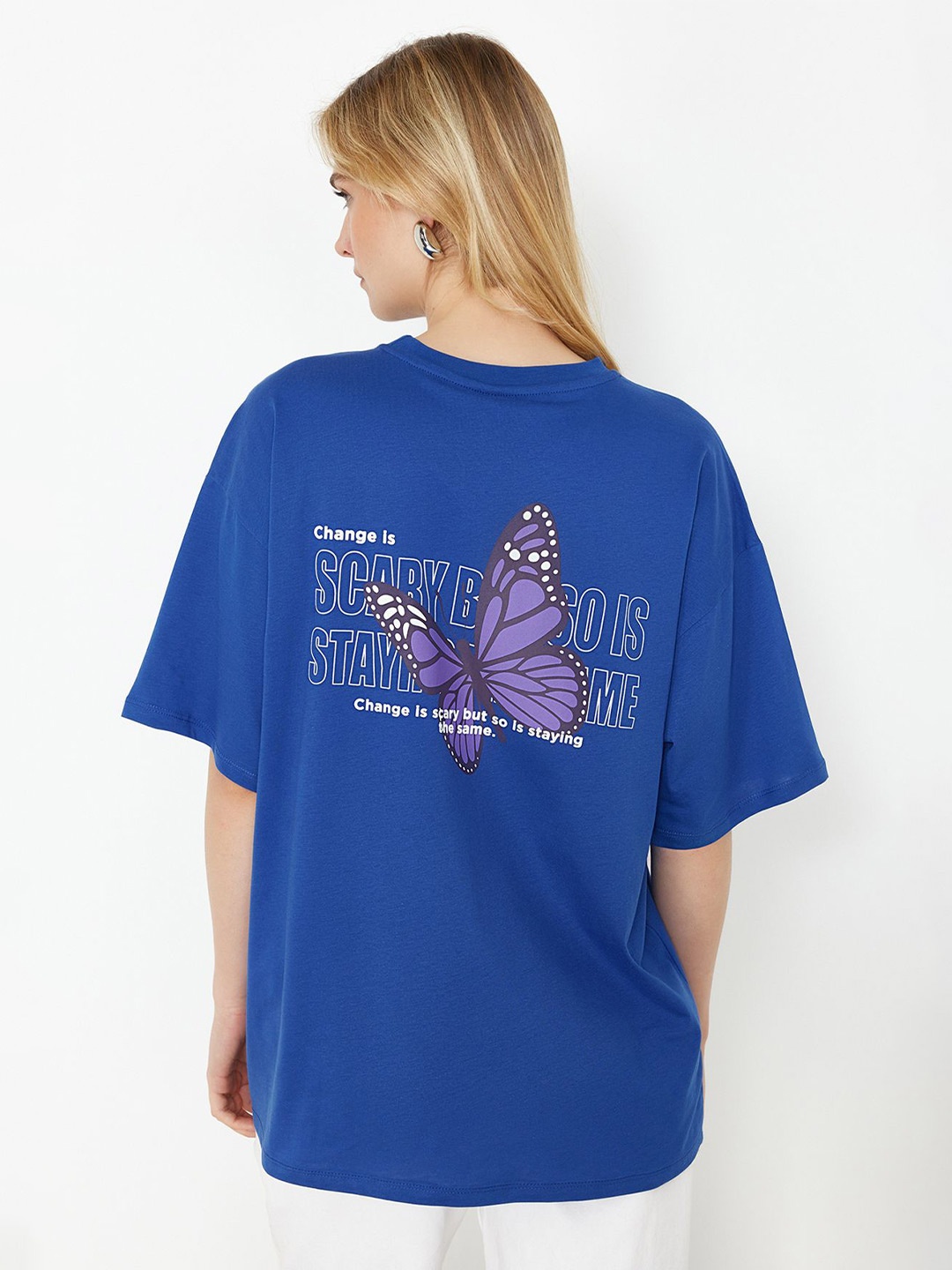 

Trendyol Typography Printed Drop-Shoulder Sleeves Pure Cotton Casual T-shirt, Blue