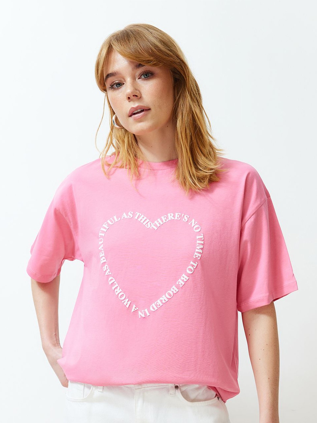 

Trendyol Women Typography Printed Round Neck Oversized T-shirt, Pink