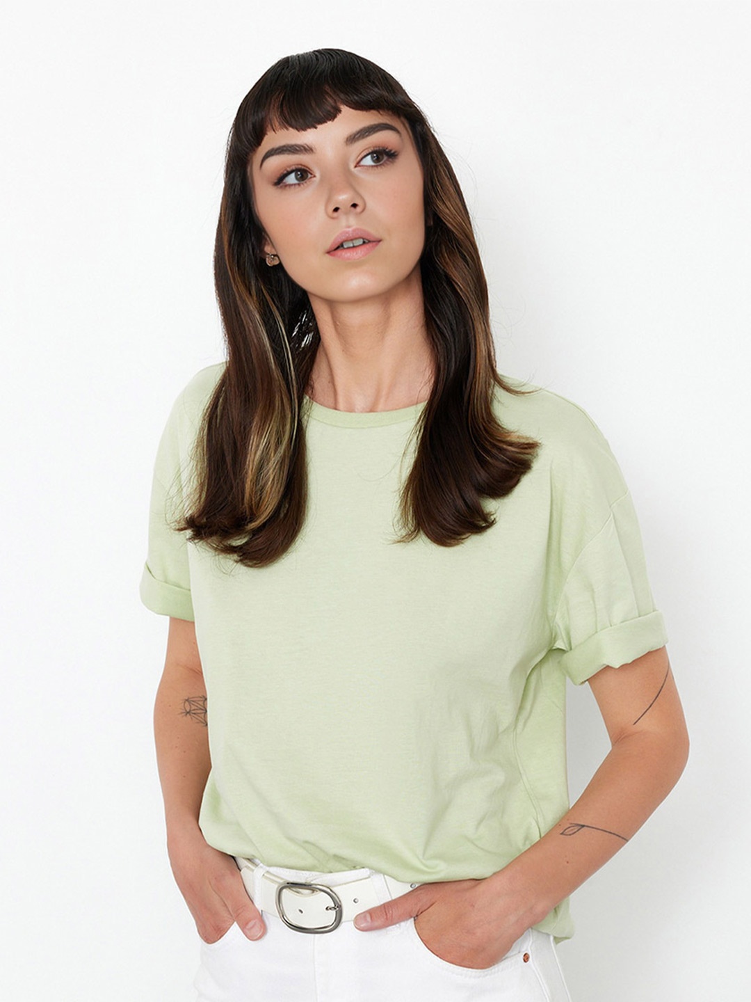 

Trendyol Drop-Shoulder Sleeves Pure Cotton T-shirt, Green