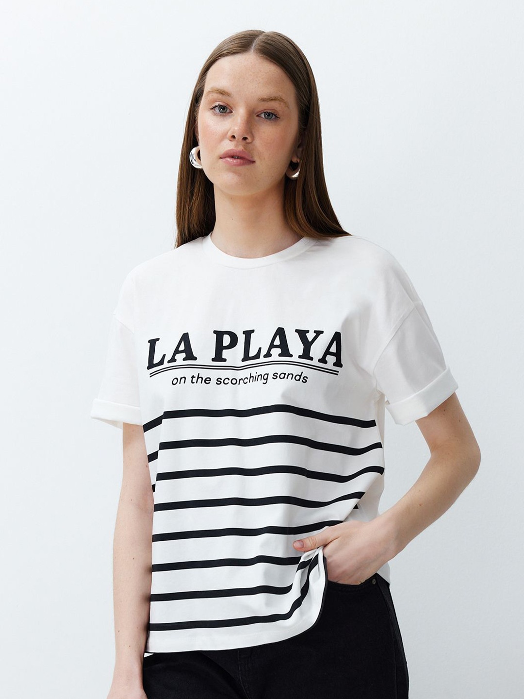 

Trendyol Striped Printed Drop-Shoulder Sleeves Cotton Regular T-shirt, White