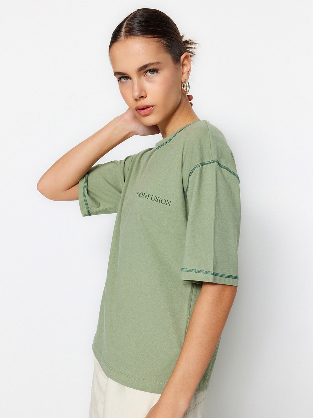 

Trendyol Typography Printed Extended Sleeves Cotton Regular T-shirt, Green
