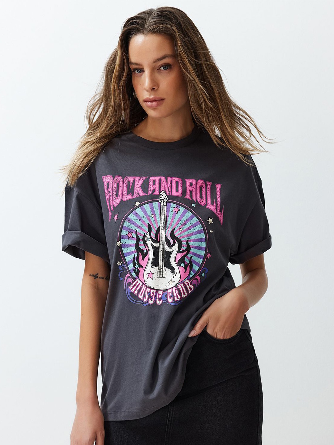 

Trendyol Women Graphic Printed Round Neck T-shirt, Grey