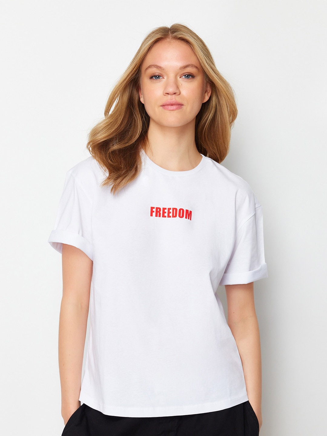 

Trendyol Typography Printed Drop-Shoulder Sleeves Cotton Regular T-shirt, White