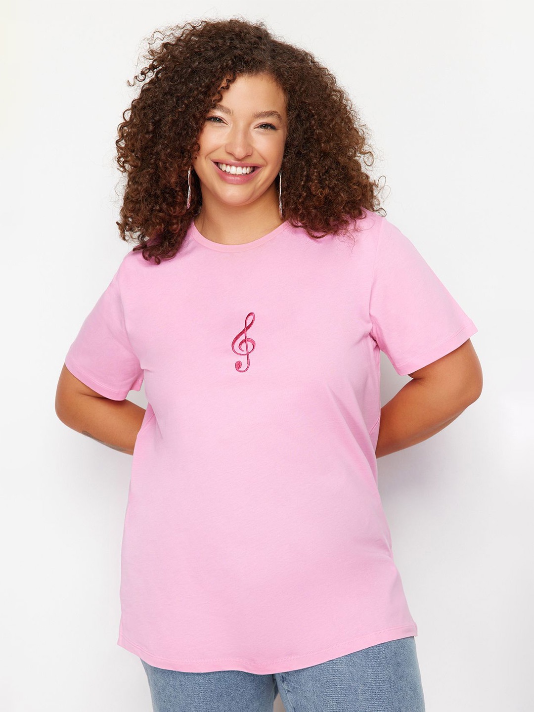 

Trendyol Plus Size Graphic Printed Round Neck Short Sleeves Regular T-shirt, Pink