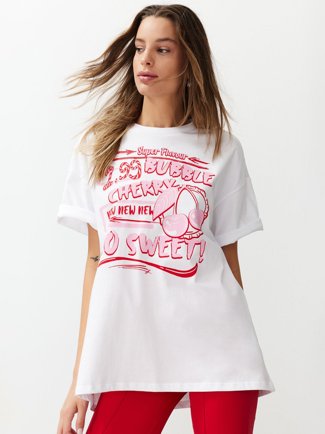 

Trendyol Typography Printed Drop-Shoulder Sleeves Pure Cotton T-shirt, White