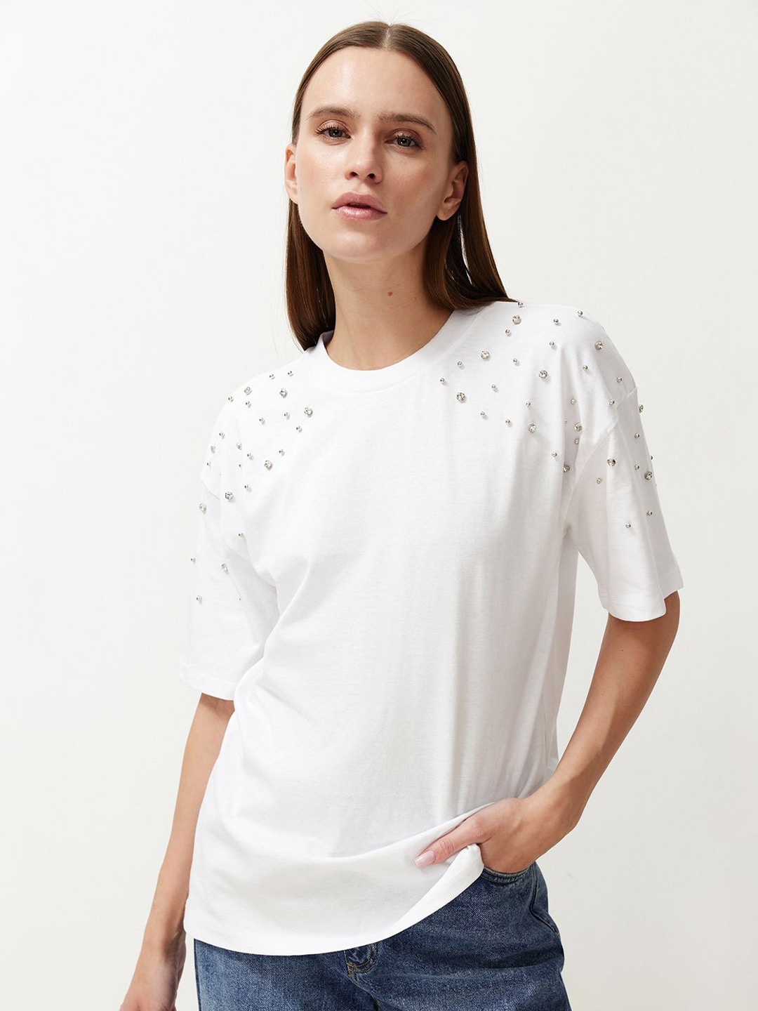 

Trendyol Embellished Round Neck Cotton T-shirt, White