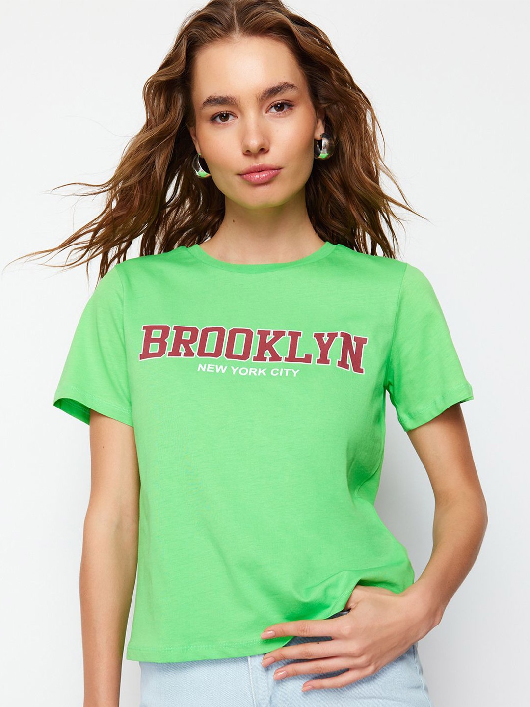 

Trendyol Typography Printed Round Neck Cotton Regular T-shirt, Green