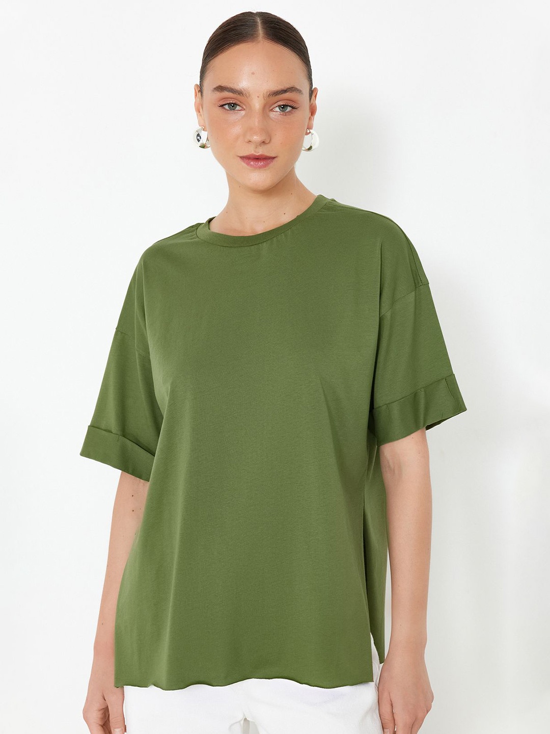 

Trendyol Drop-Shoulder Sleeves Pure Cotton T-shirt, Khaki