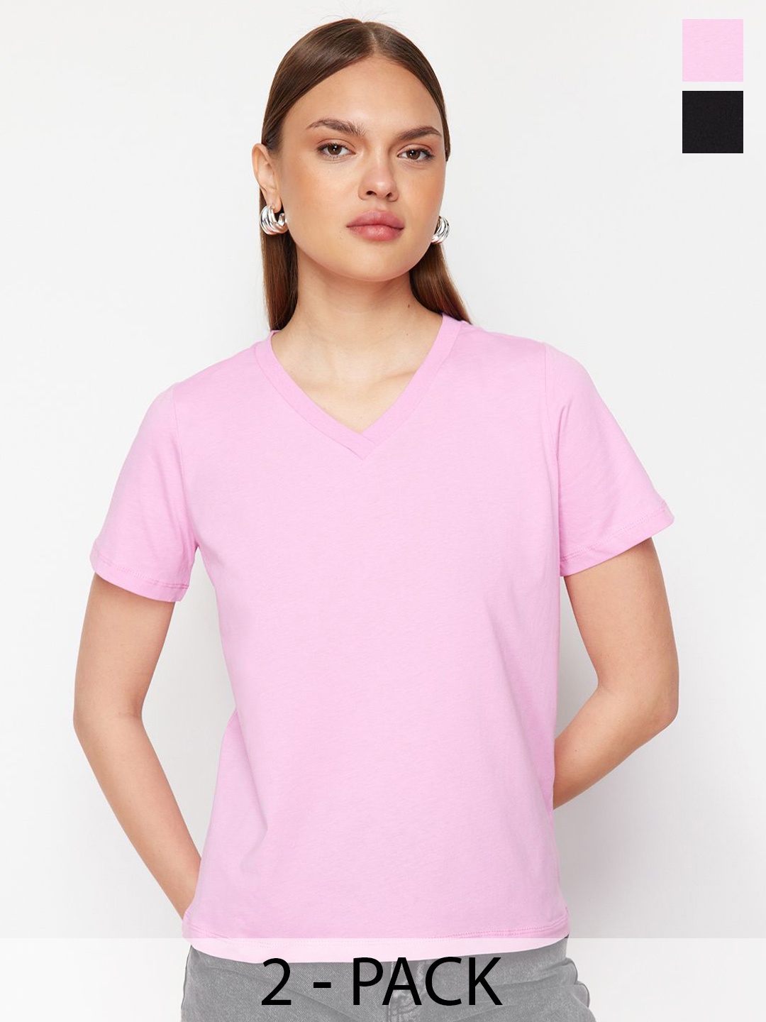 

Trendyol Pack of 2 V-Neck Short Sleeves Cotton Regular T-shirt, Pink