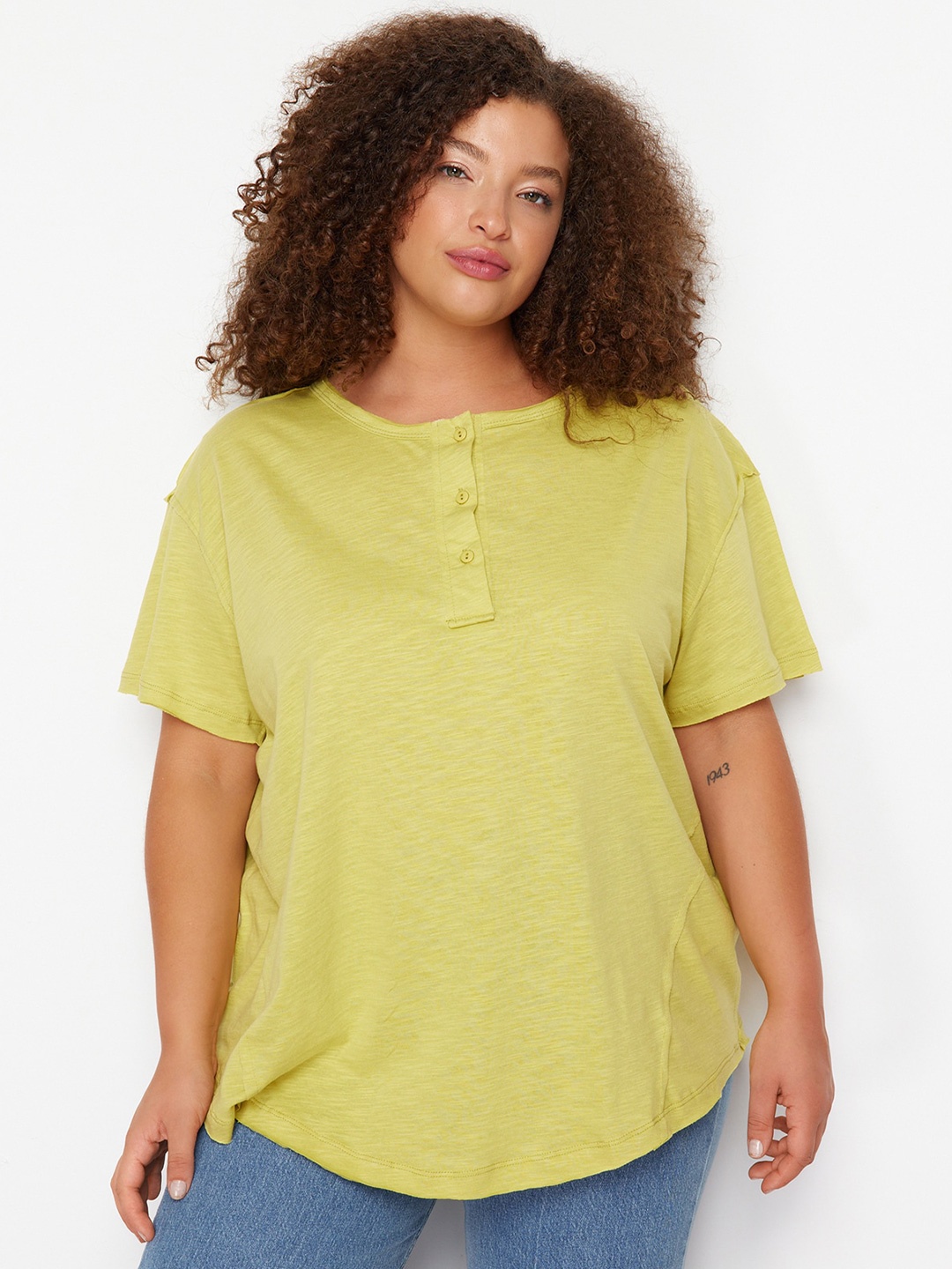 

Trendyol Henley Neck Cotton T-shirt, Yellow