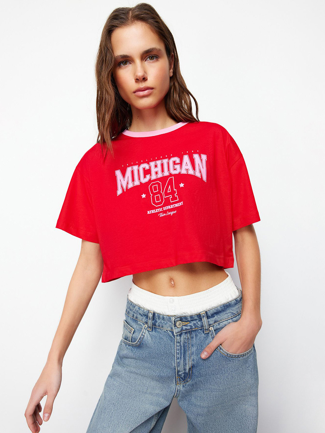 

Trendyol Typography Printed Round Neck Cotton Crop T-shirt, Red