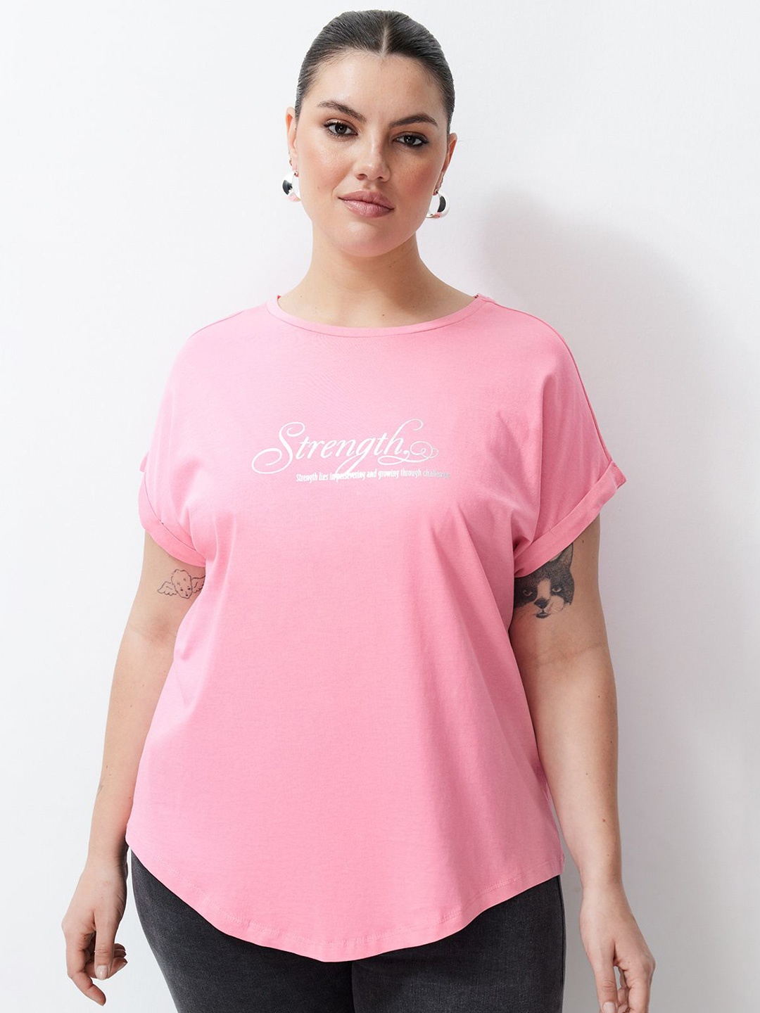 

Trendyol Plus Size Typography Printed Pure Cotton T-shirt, Pink