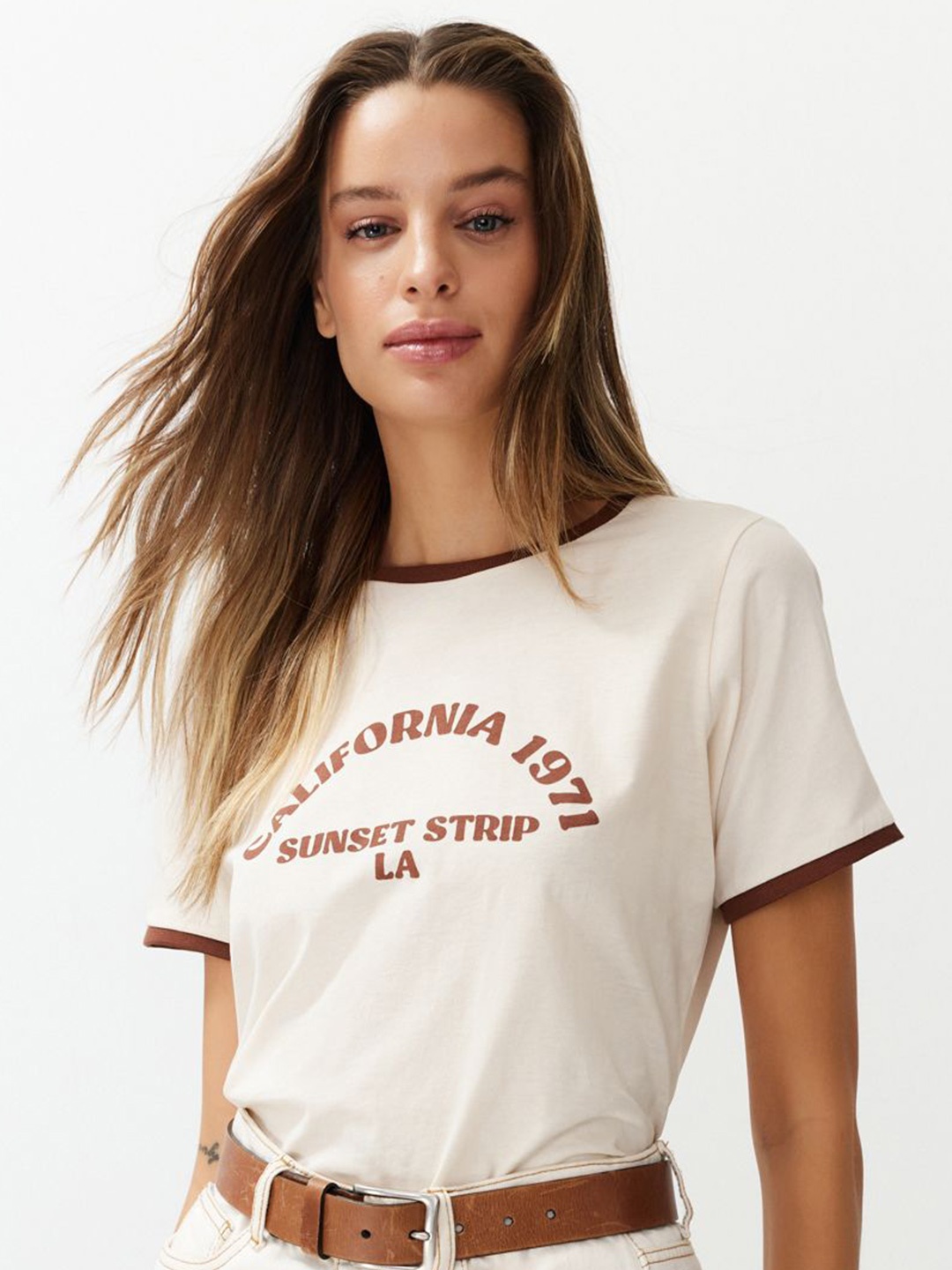 

Trendyol Typography Printed Round Neck Cotton Regular T-shirt, Beige