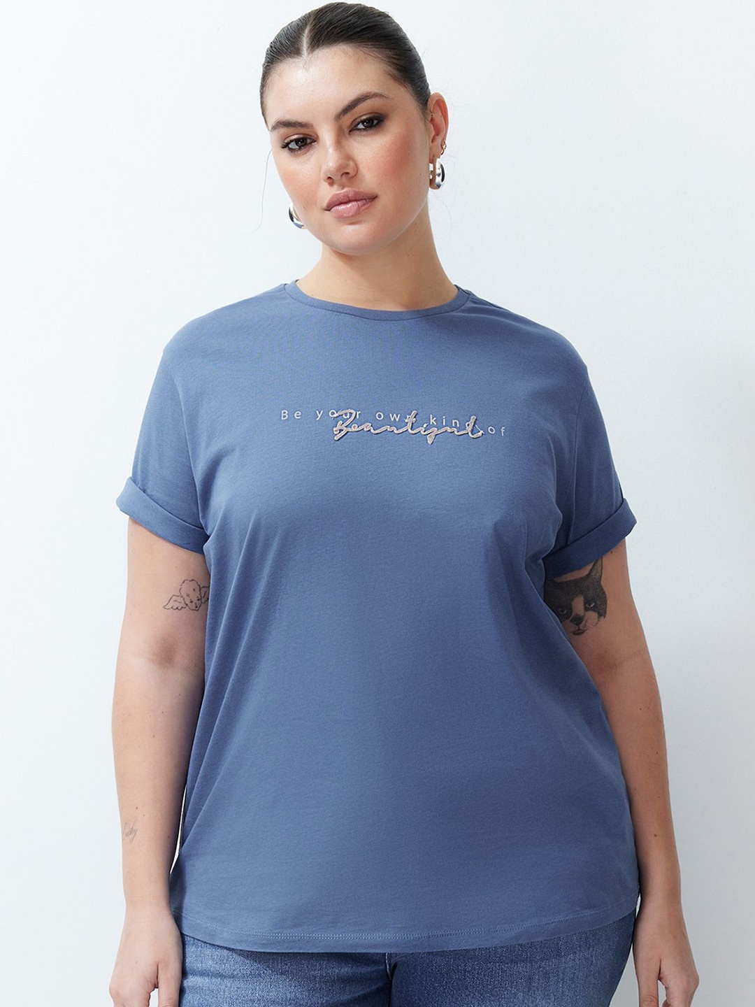 

Trendyol Plus Size Typography Printed Round Neck Cotton Regular T-shirt, Blue
