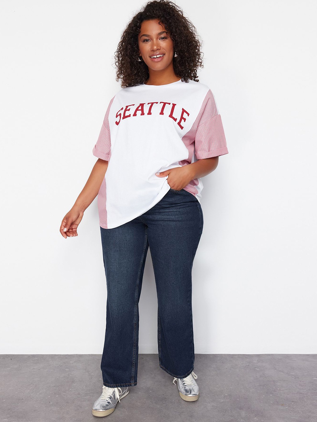 

Trendyol Plus Size Typography Printed Round Neck Cotton Regular T-shirt, White