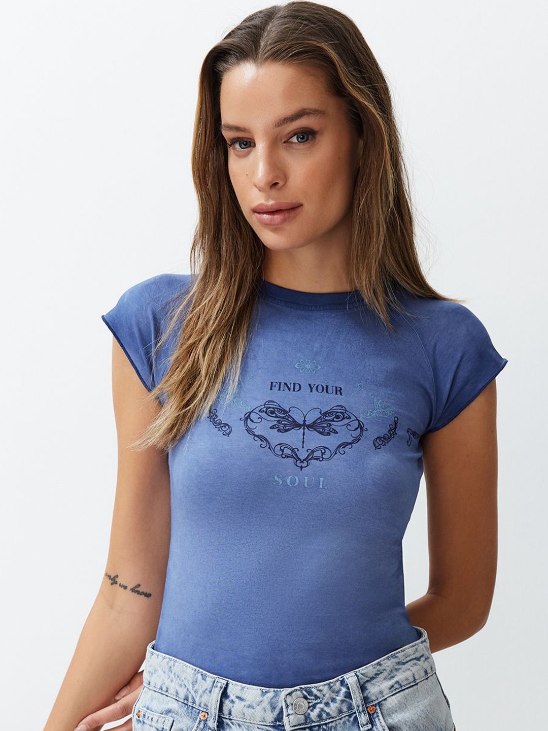 

Trendyol Typography Printed Round Neck T-shirt, Blue
