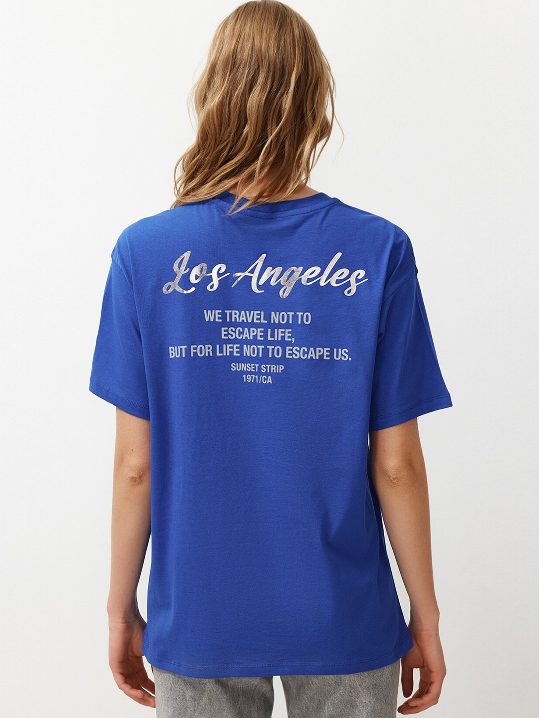 

Trendyol Typography Printed Extended Sleeves Cotton Regular T-shirt, Blue