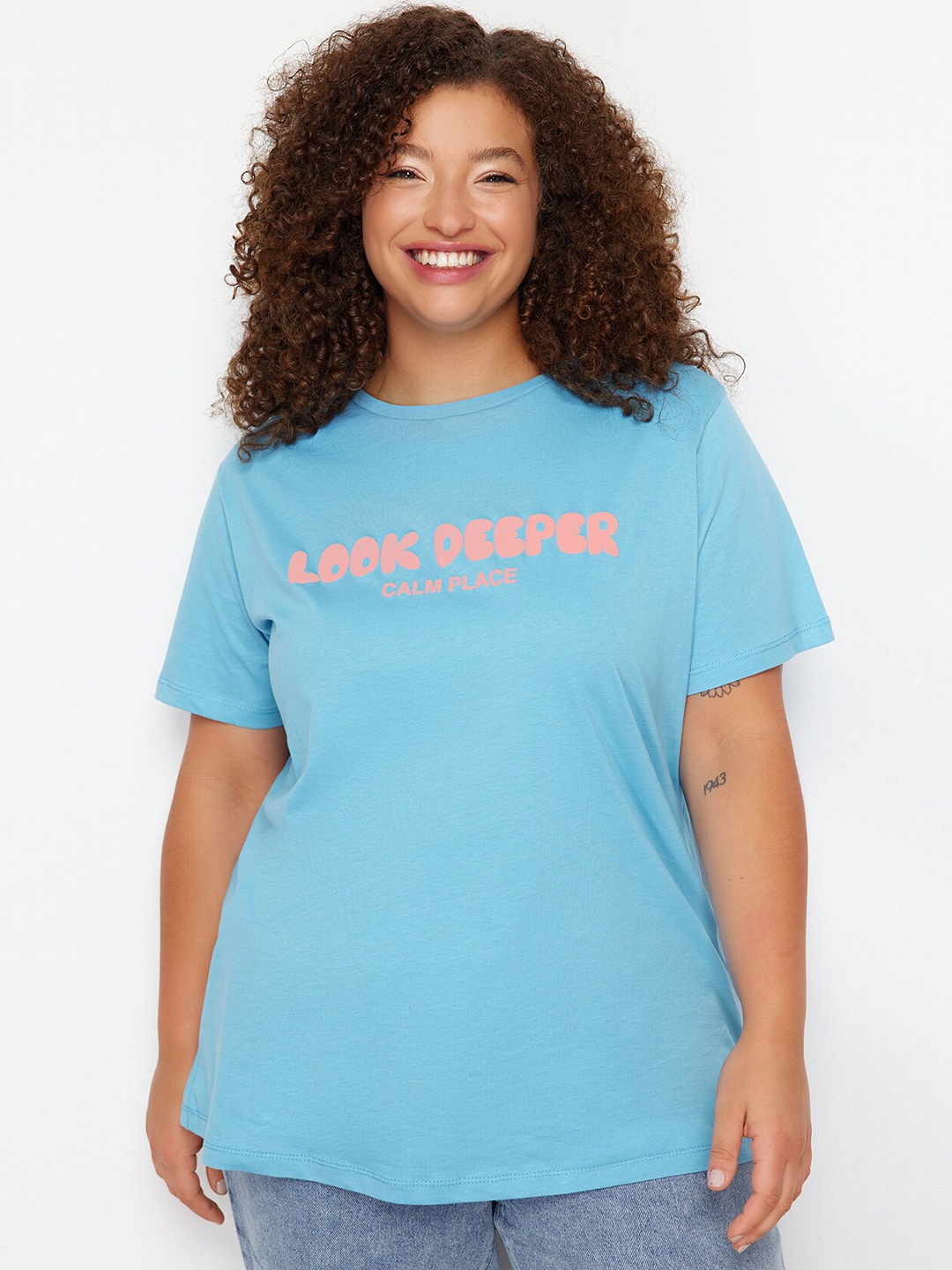 

Trendyol Typography Printed Round Neck T-shirt, Blue