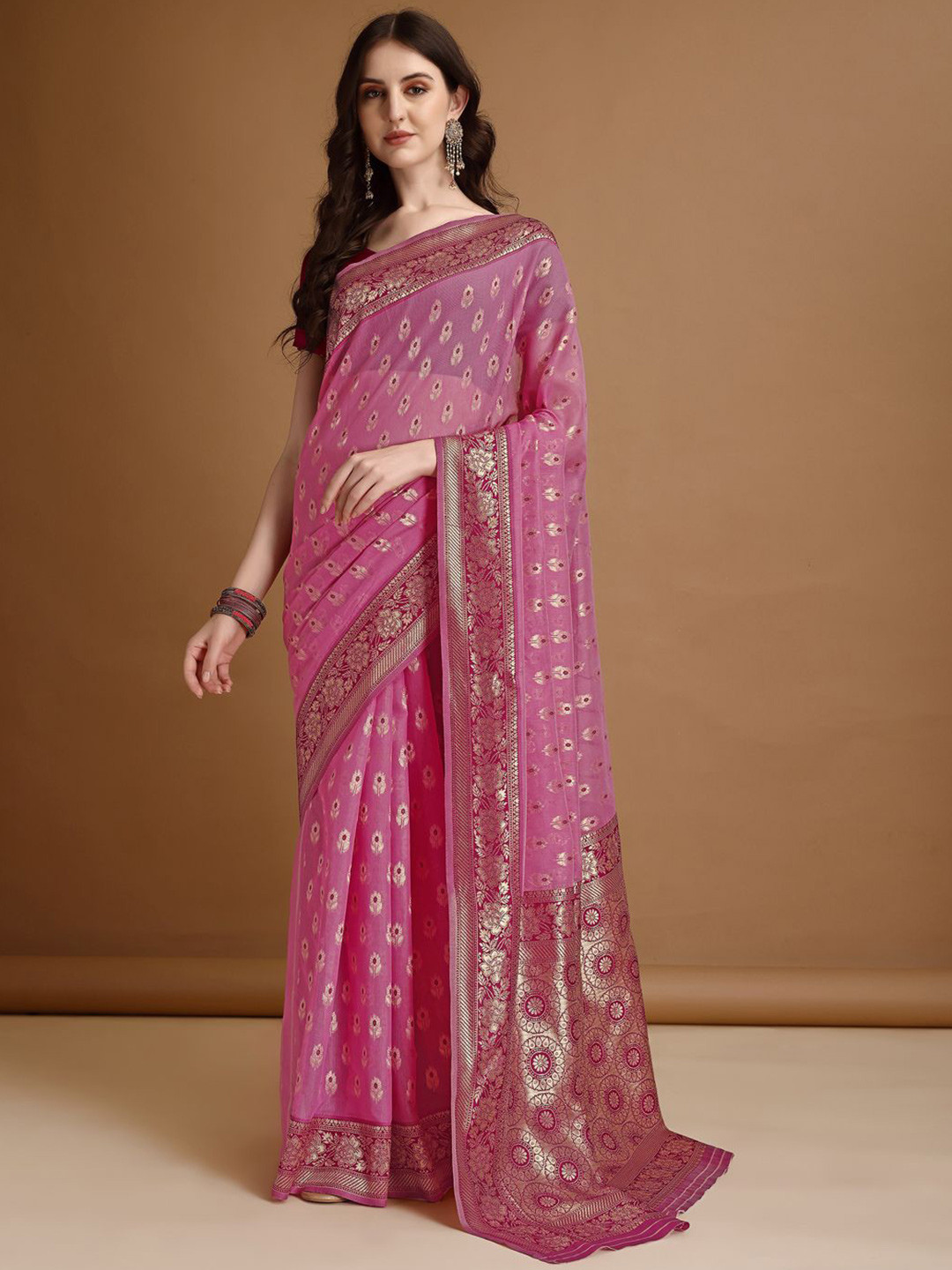 

MAGMINA Woven Design Zari Jamdani Saree, Pink