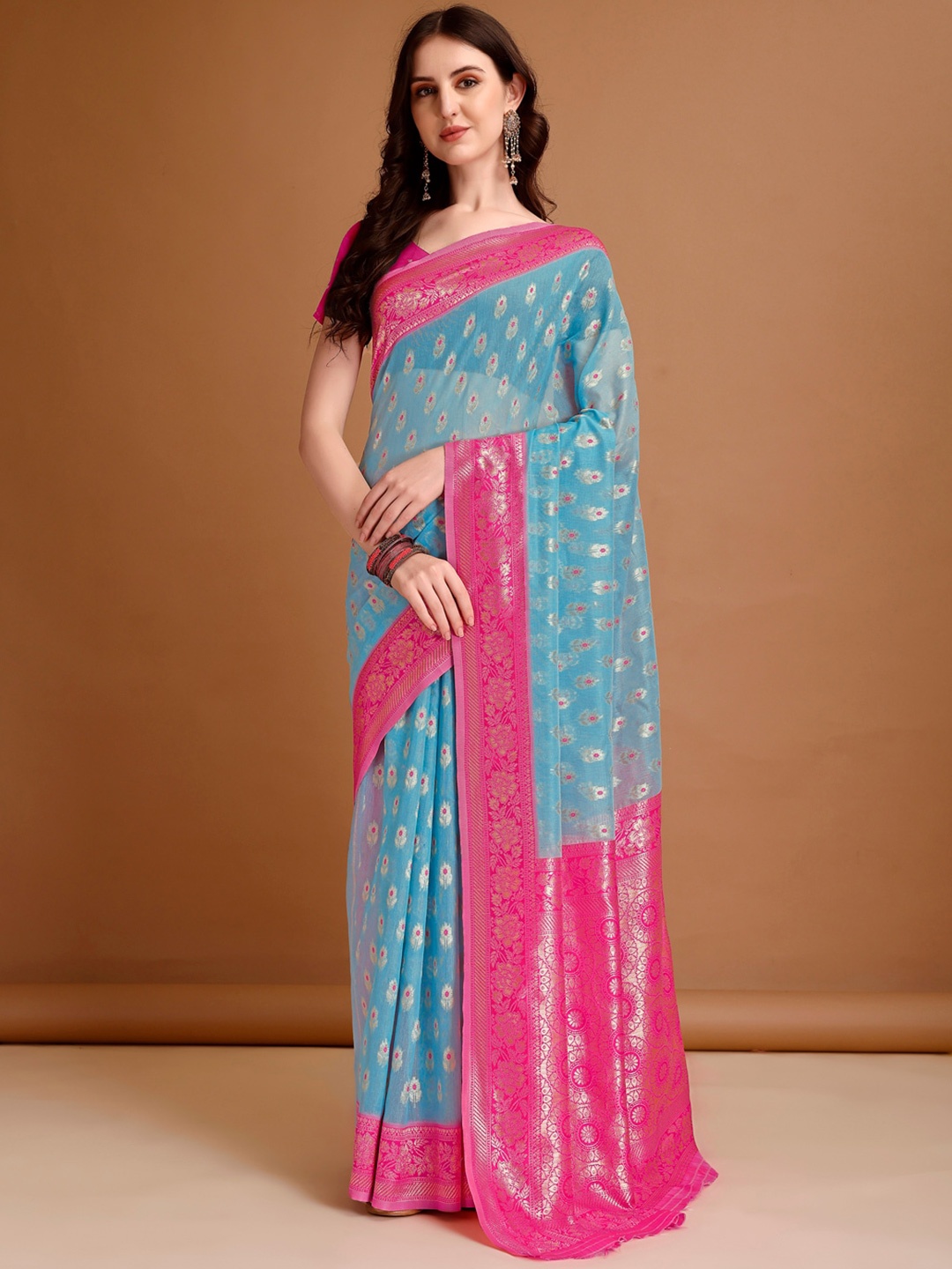 

MAGMINA Floral Zari Jamdani Saree, Turquoise blue