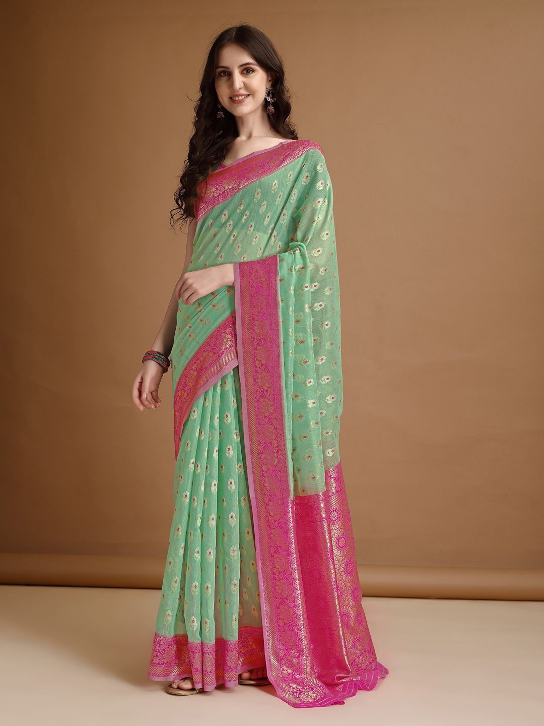 

MAGMINA Floral Zari Jamdani Saree, Sea green