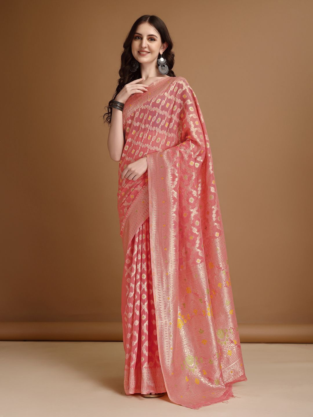 

MAGMINA Woven Design Zari Banarasi Saree, Coral