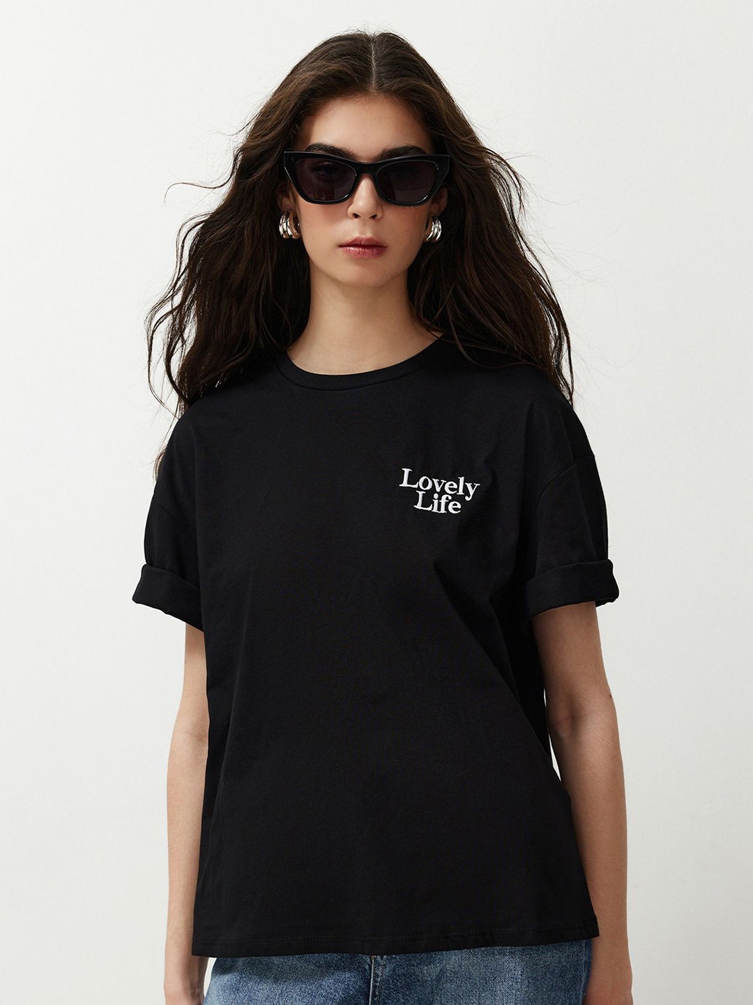 

Trendyol Women Typography Printed Round Neck T-shirt, Black
