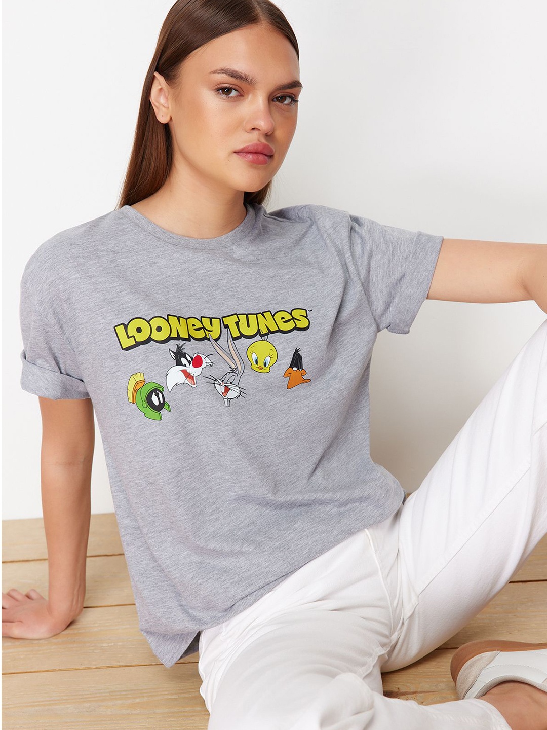 

Trendyol Typography Printed T-shirt, Grey