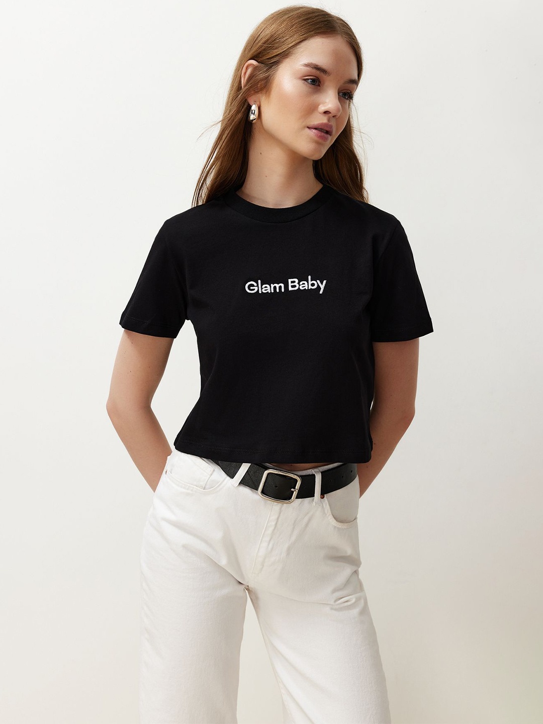 

Trendyol Typography Printed Round Neck Cotton Crop T-shirt, Black
