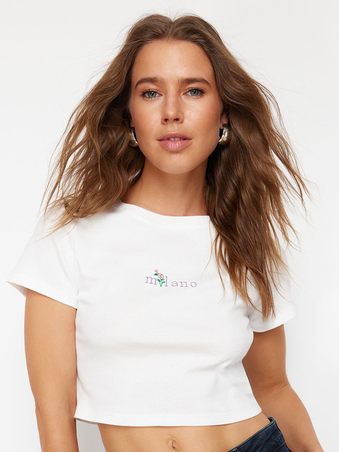 Trendyol Typography Printed Pure Cotton Crop T-shirt, White