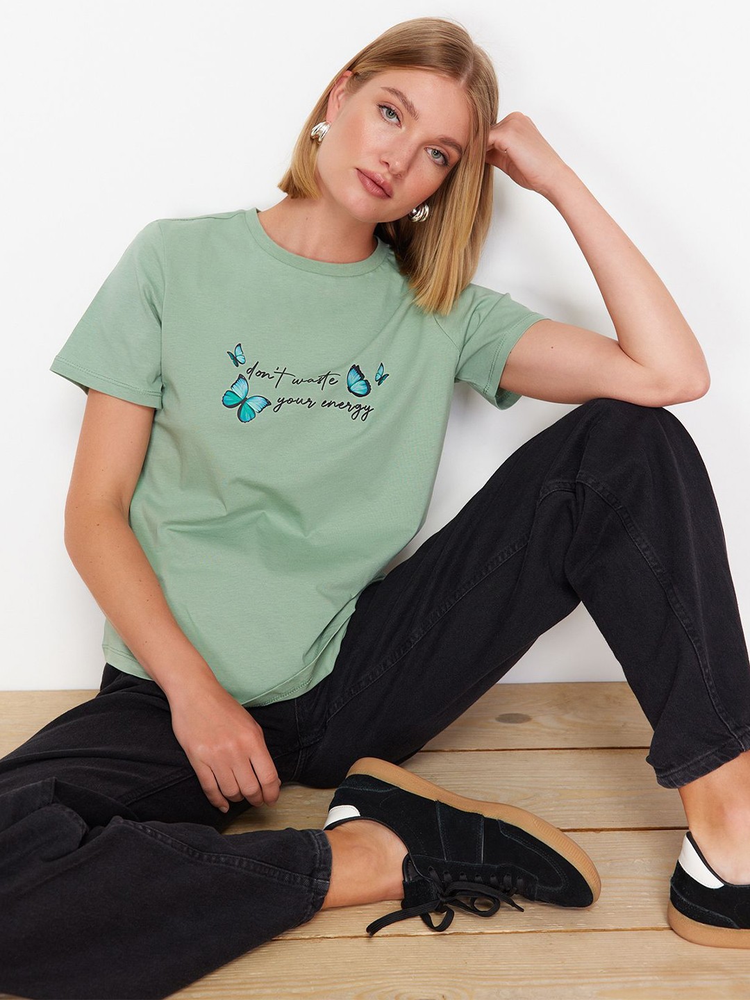 

Trendyol Typography Printed Round Neck Cotton Regular T-shirt, Green