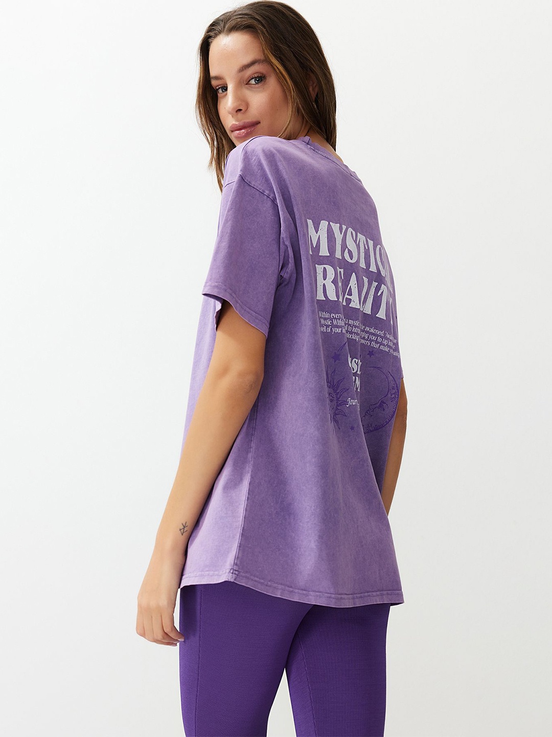 Trendyol Typography Printed Drop-Shoulder Sleeves Pure Cotton Casual T-shirt, Purple