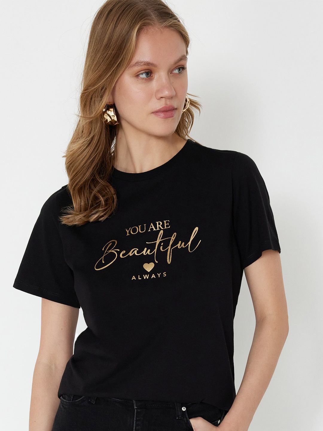 

Trendyol Typography Printed Round Neck Cotton T-shirt, Black