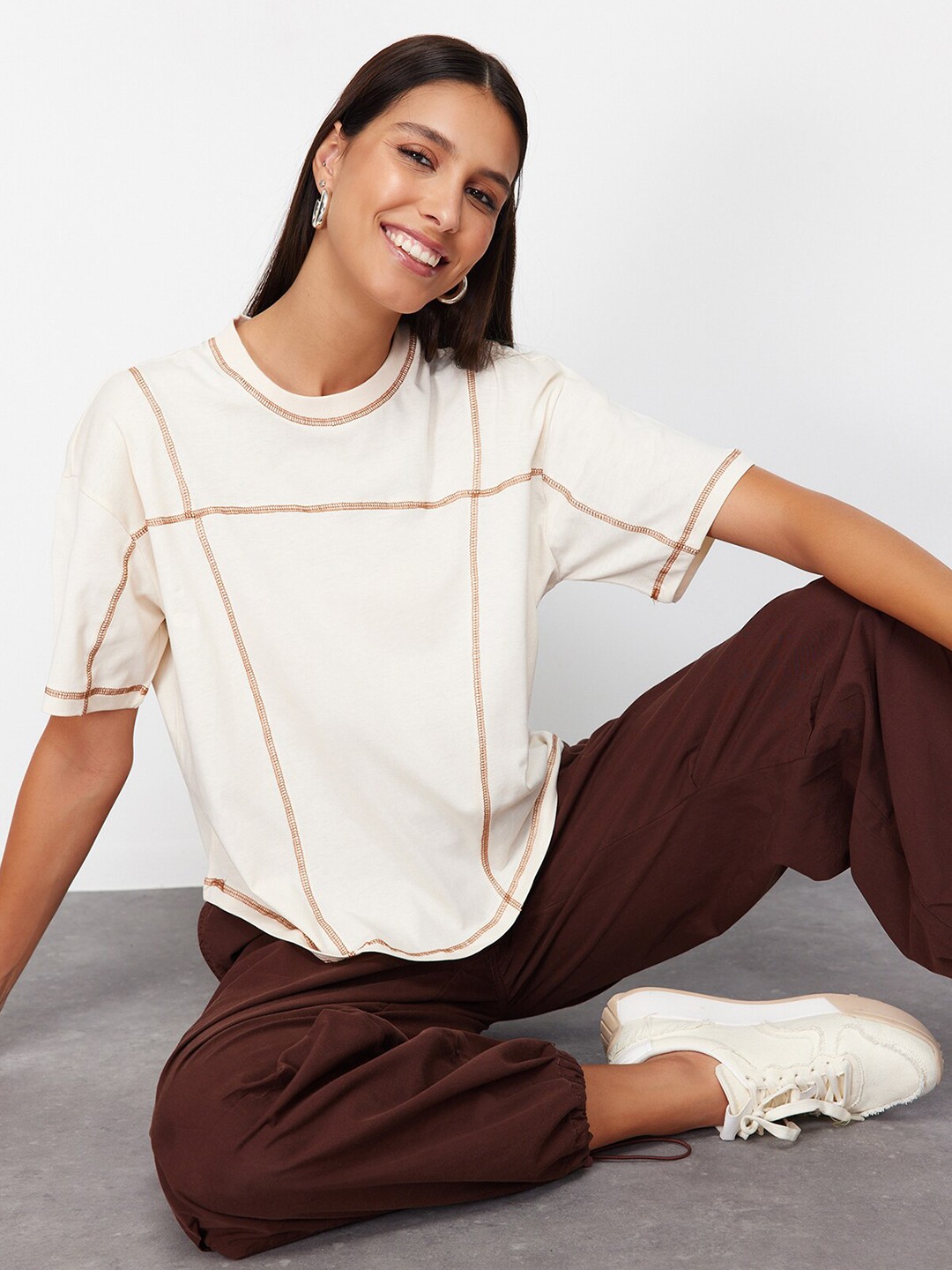 

Trendyol Round Neck Drop-Shoulder Cotton Regular T-shirt, Beige