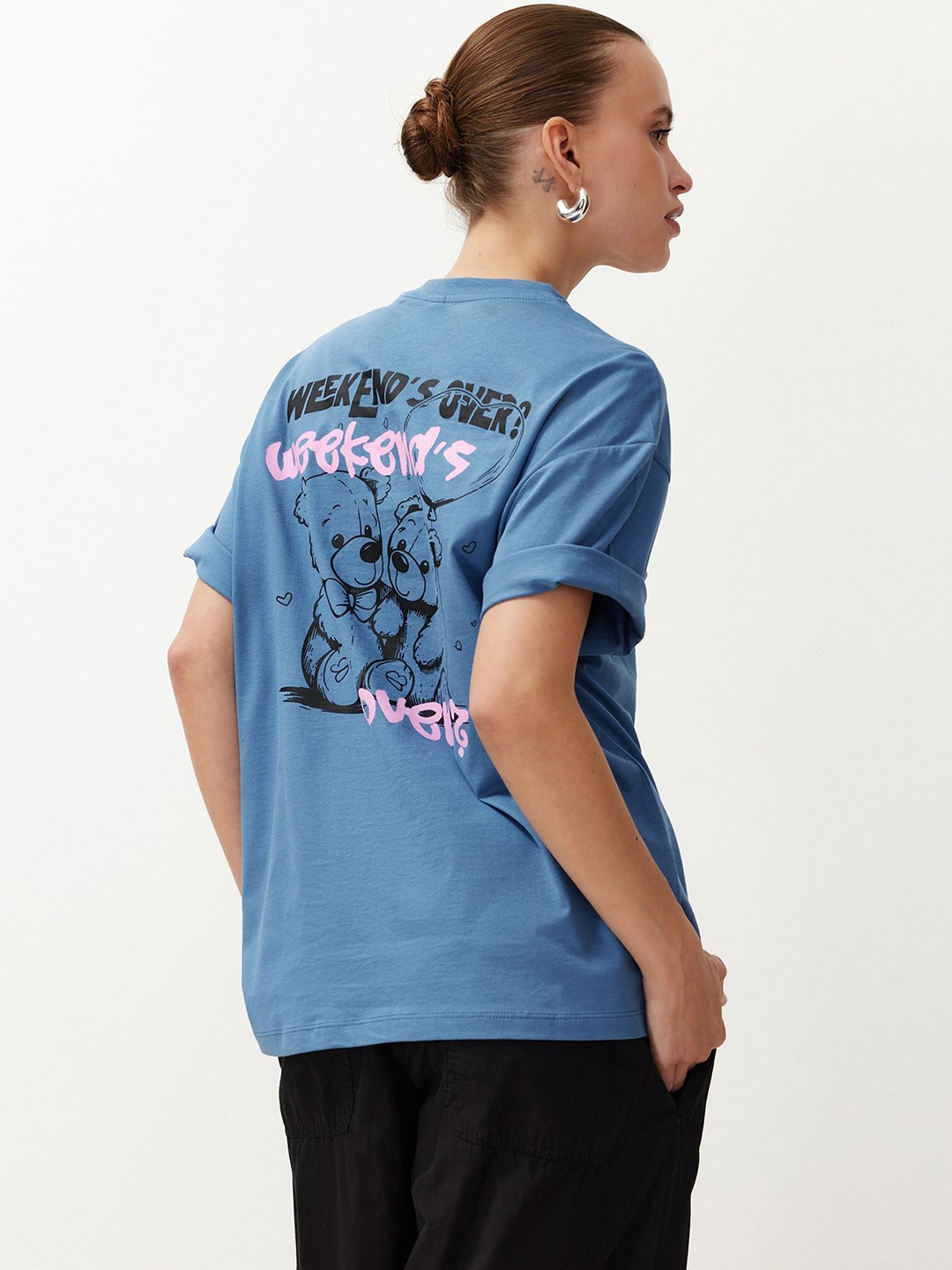 

Trendyol Graphic Printed Drop-Shoulder Sleeves Pure Cotton T-shirt, Blue
