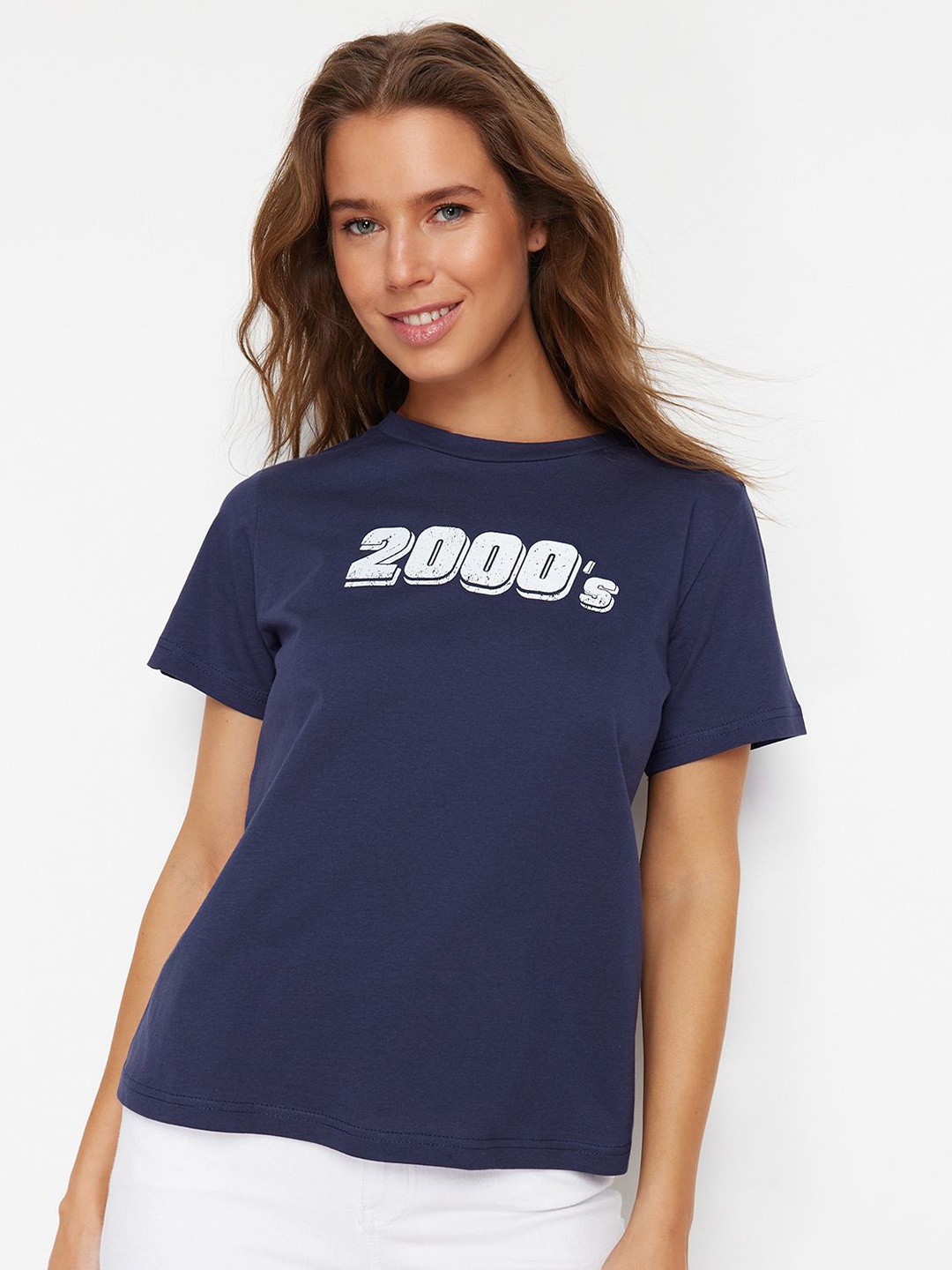

Trendyol Typography Printed Round Neck Cotton Regular T-shirt, Navy blue