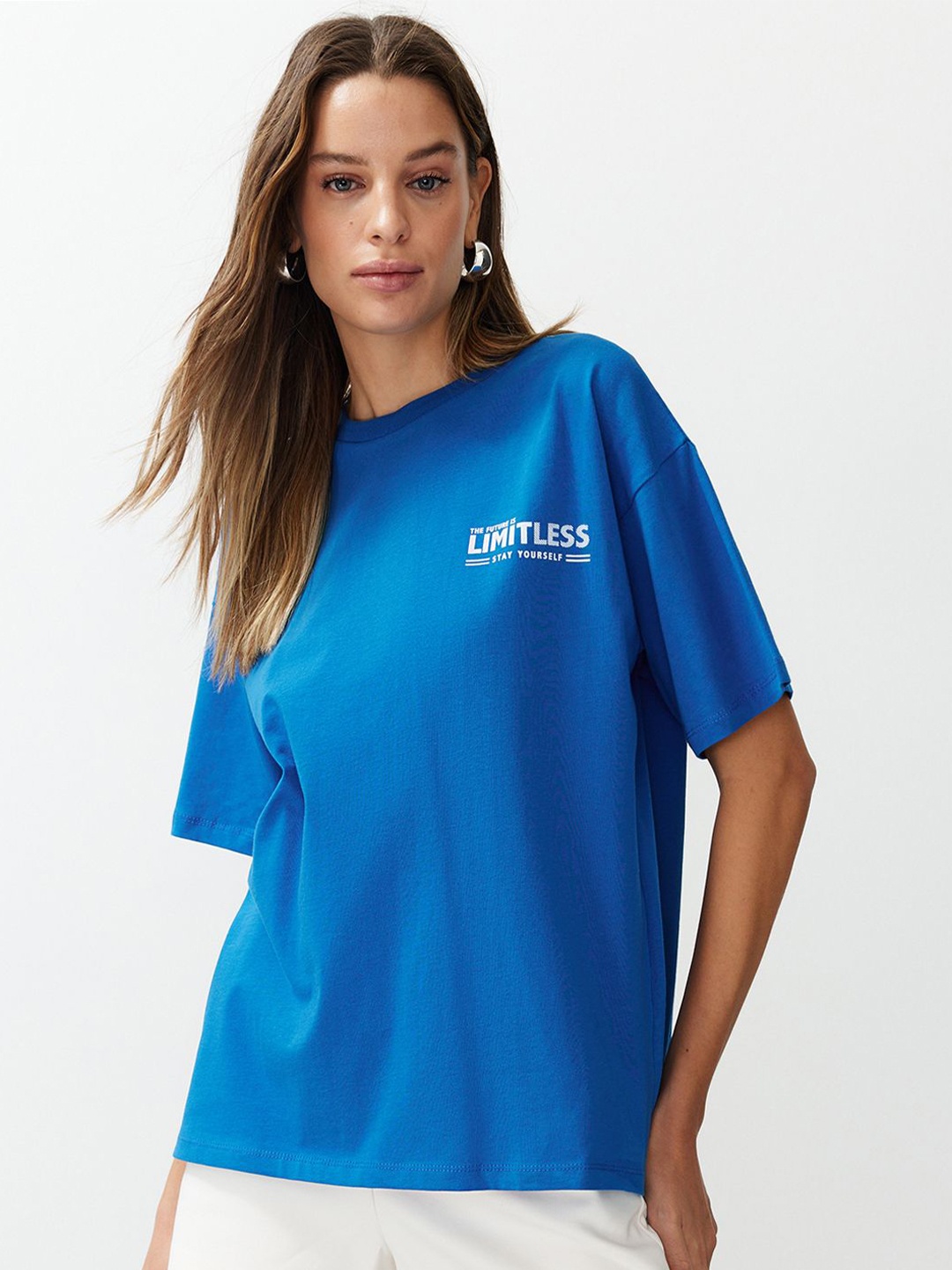

Trendyol Drop-Shoulder Sleeves Pure Cotton T-shirt, Blue