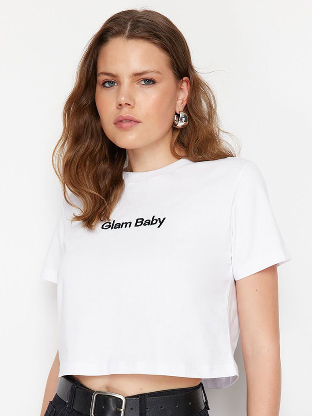 

Trendyol Typography Printed Round Neck Pure Cotton Crop T-shirt, White