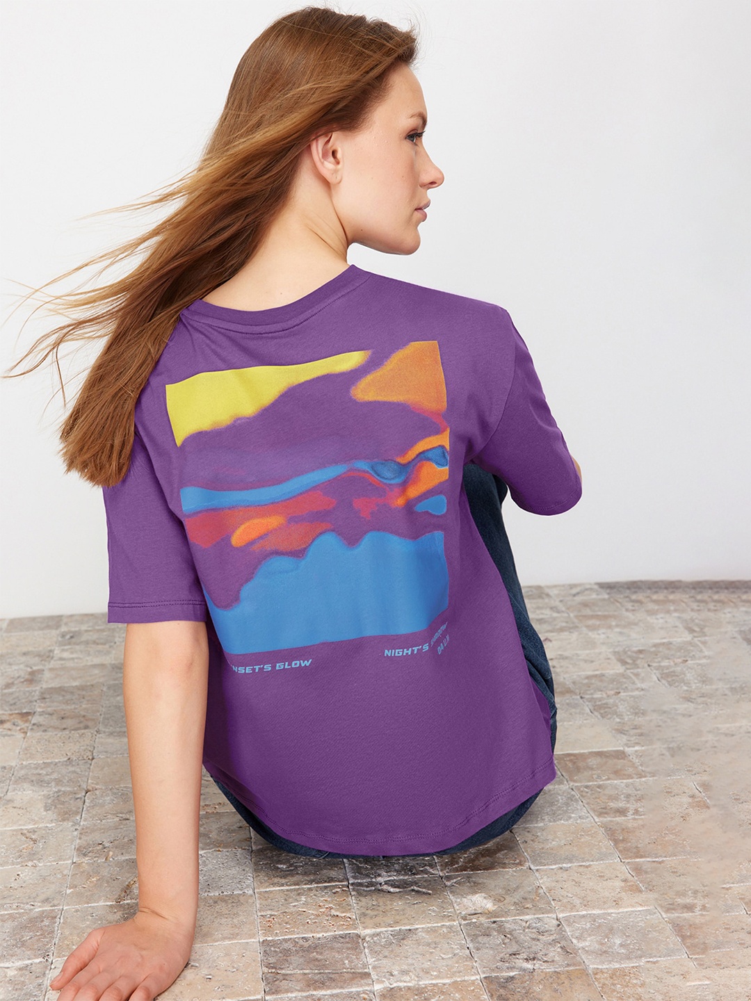 

Trendyol Graphic Printed Drop-Shoulder Sleeves Pure Cotton Casual T-shirt, Purple