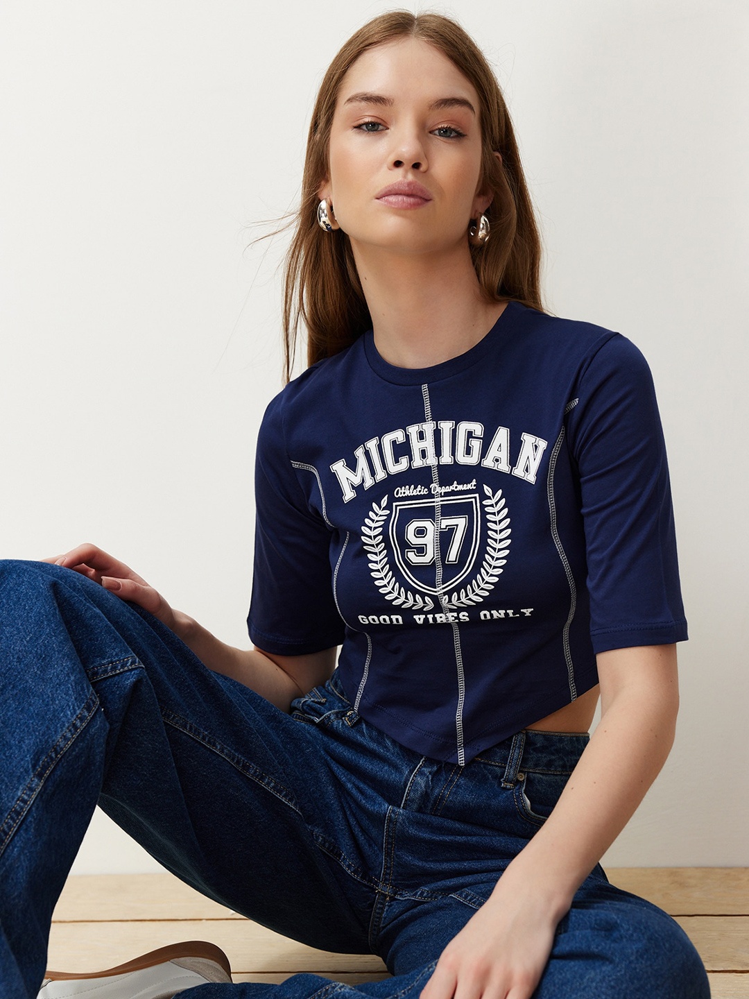 Trendyol Navy Blue Typography Printed Cotton Crop T-shirt