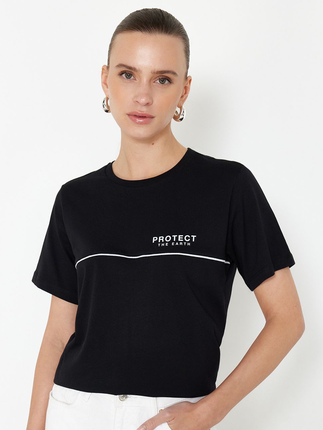 

Trendyol Typography Printed Round Neck Cotton Regular T-shirt, Black