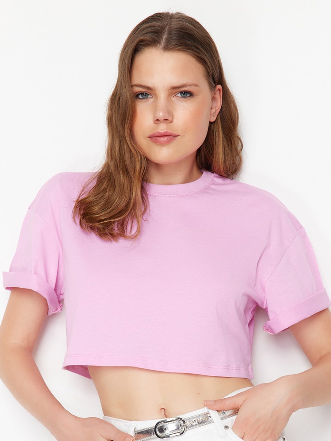 

Trendyol Round Neck Drop-Shoulder Sleeves Cotton Crop T-shirt, Pink