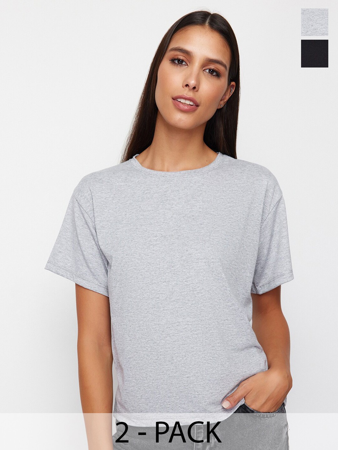

Trendyol Pack of 2 Round Neck Drop-Shoulder Sleeves Regular T-shirt, Grey