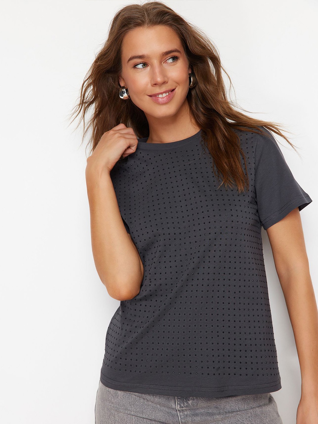 

Trendyol Round Neck Short Sleeves Embellished Cotton Regular T-shirt, Grey