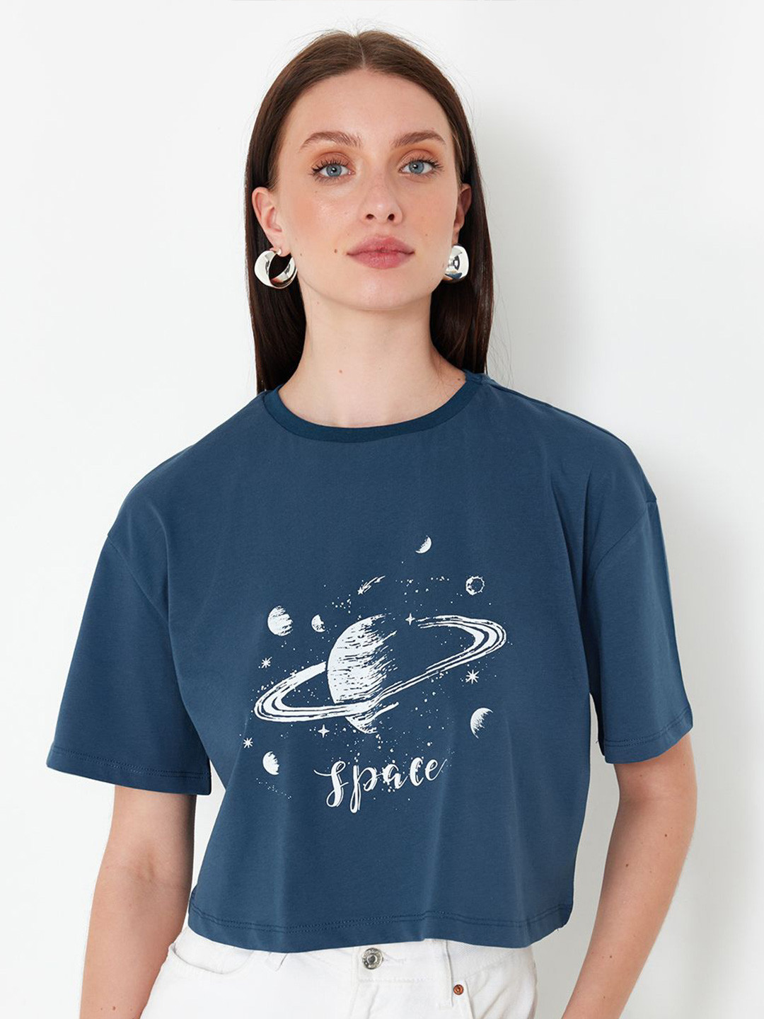 

Trendyol Graphic Printed Drop-Shoulder Sleeves Cotton Regular T-shirt, Teal