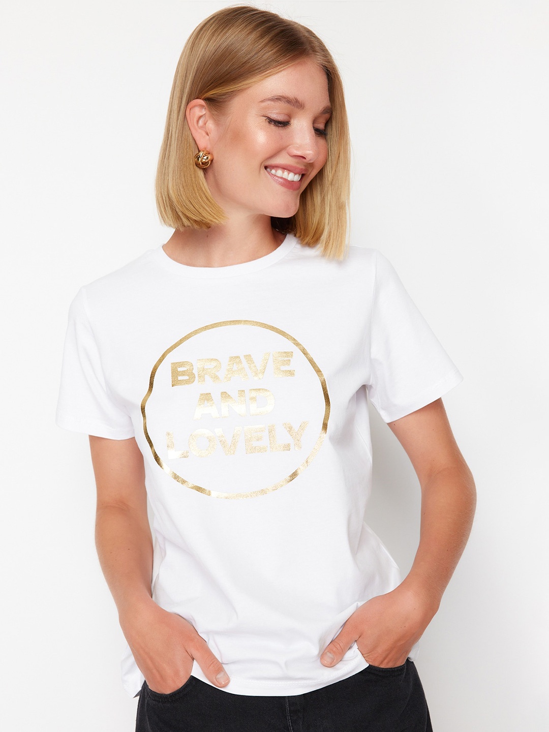 

Trendyol Typography Printed Round Neck Cotton T-shirt, White
